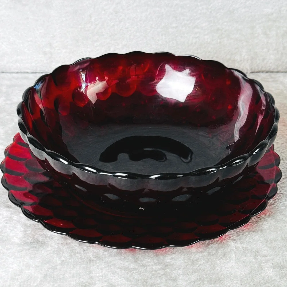 Anchor Hocking Ruby Red Glass Serving Bowl Plate Set Bubble Scalloped Vintage